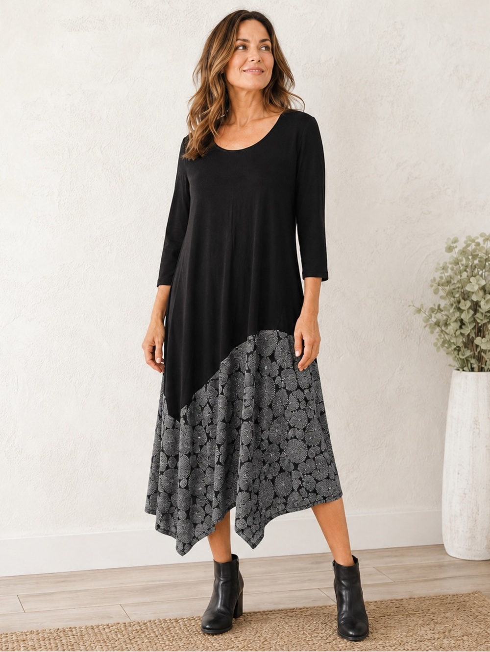 Alembika Black Gray Asymmetric Tunic Dress Size 1 Circle Print Lagenlook